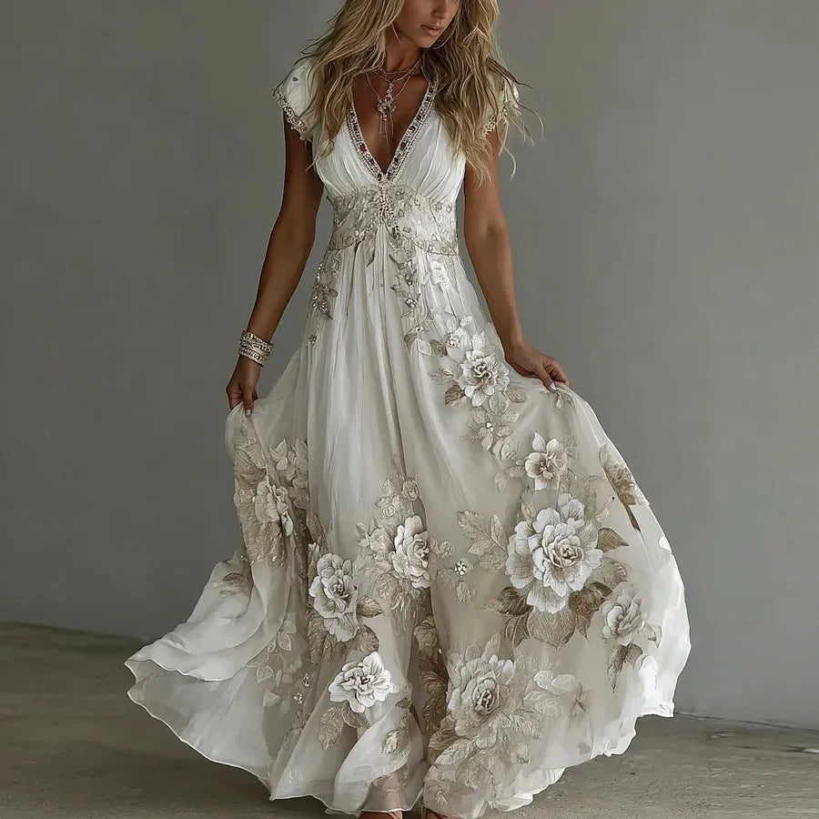 Women's Floral Boho Maxi Wedding Guest Dress with V-Neck