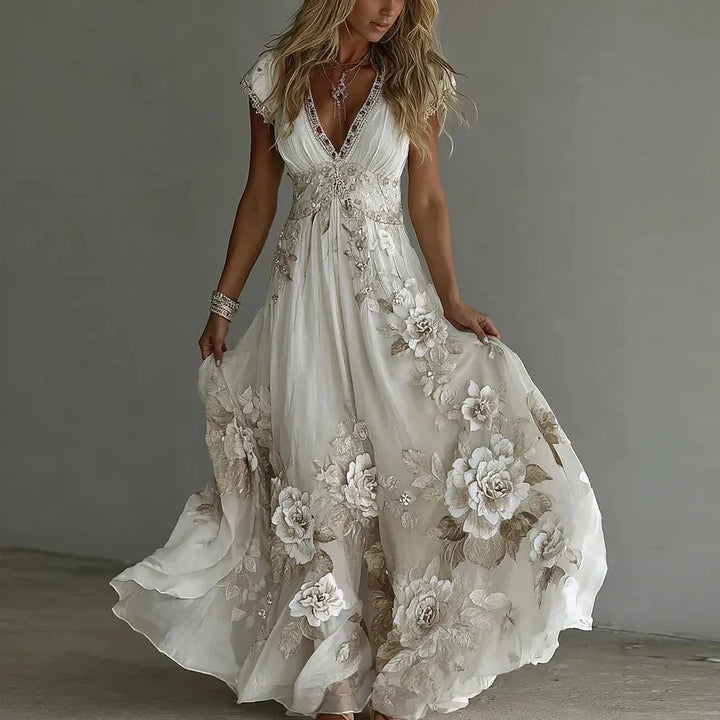 Women's Floral Boho Maxi Wedding Guest Dress with V-Neck