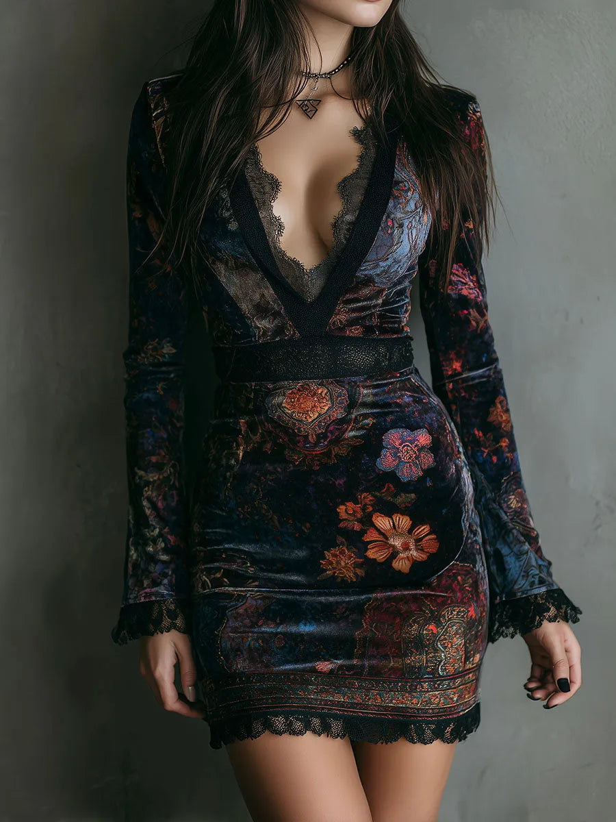Women's Floral Boho Mini Wedding Guest Dress with V-Neck