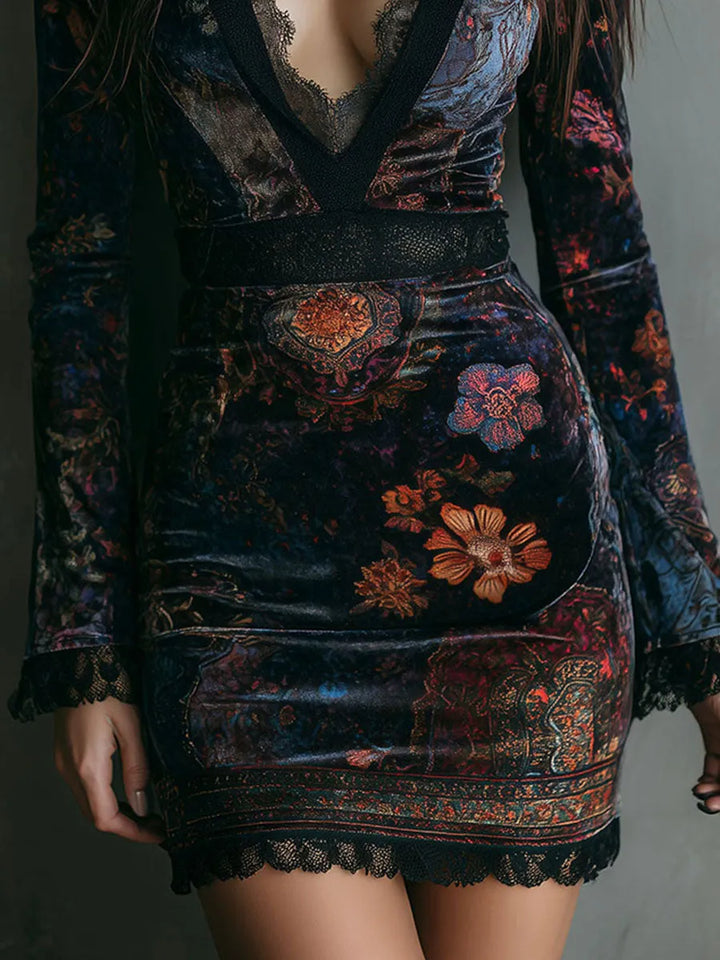 Women's Floral Boho Mini Wedding Guest Dress with V-Neck