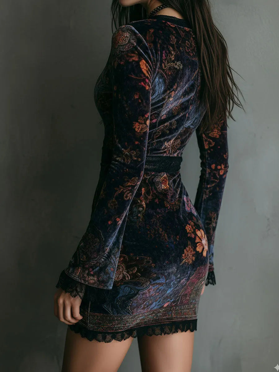 Women's Floral Boho Mini Wedding Guest Dress with V-Neck