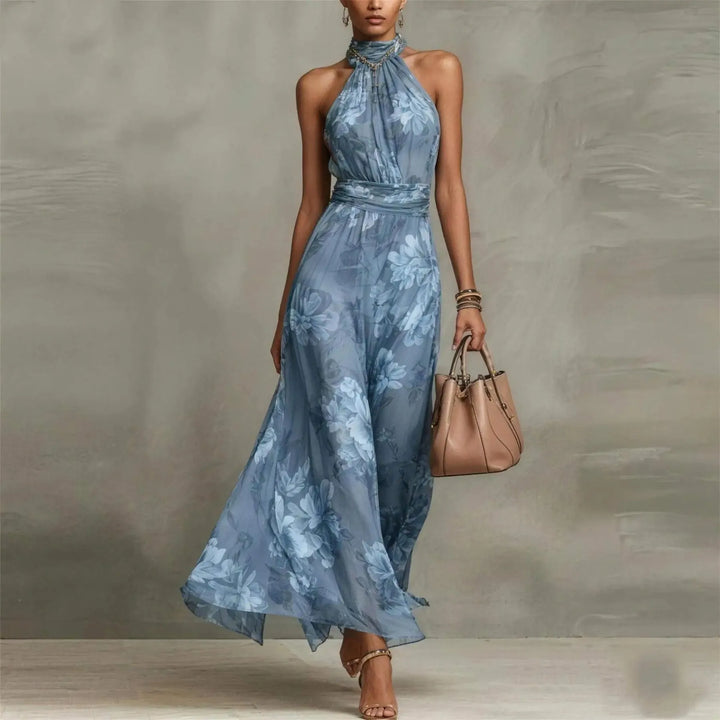 Women's Floral Elegant Maxi Wedding Guest Dress with Halter Neck