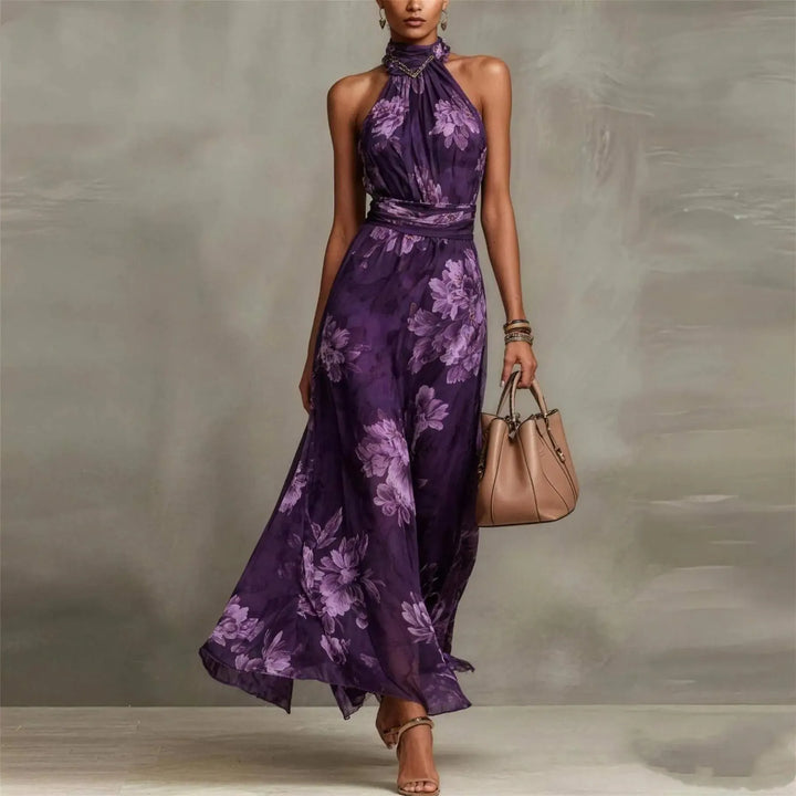 Women's Floral Elegant Maxi Wedding Guest Dress with Halter Neck
