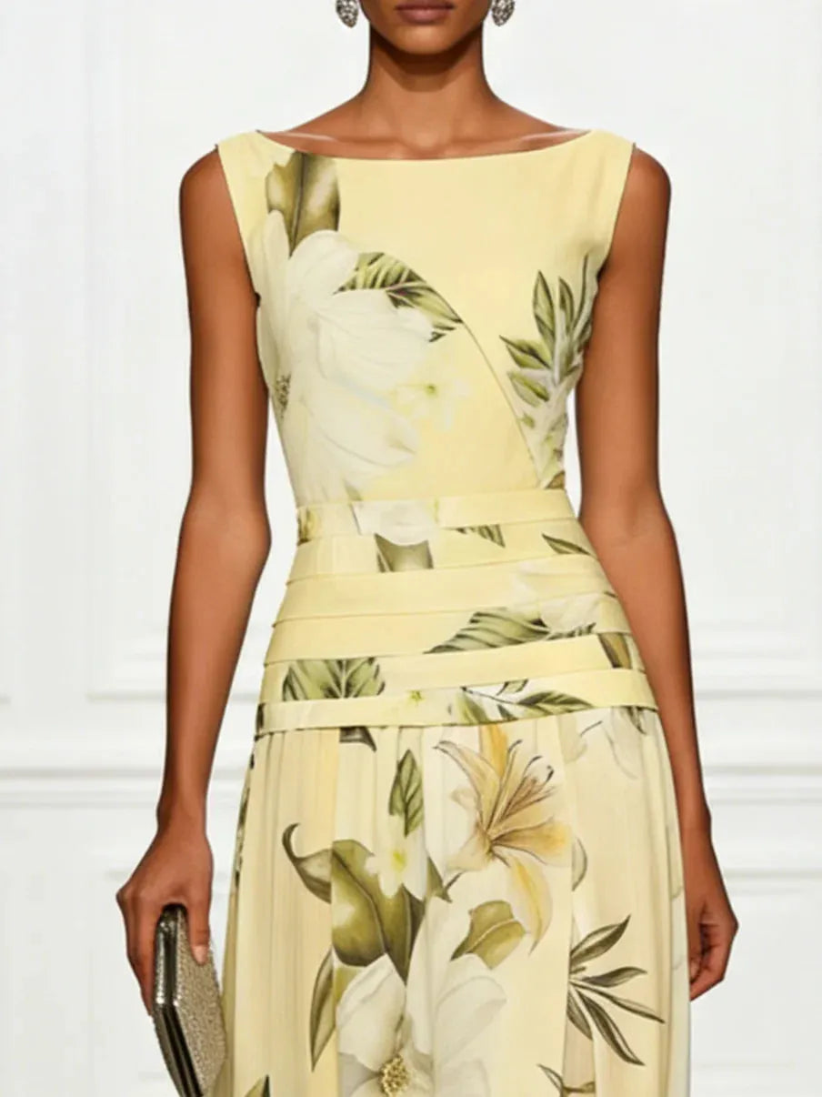 Women's Floral Elegant Maxi Wedding Guest Dress with Ruched Waist
