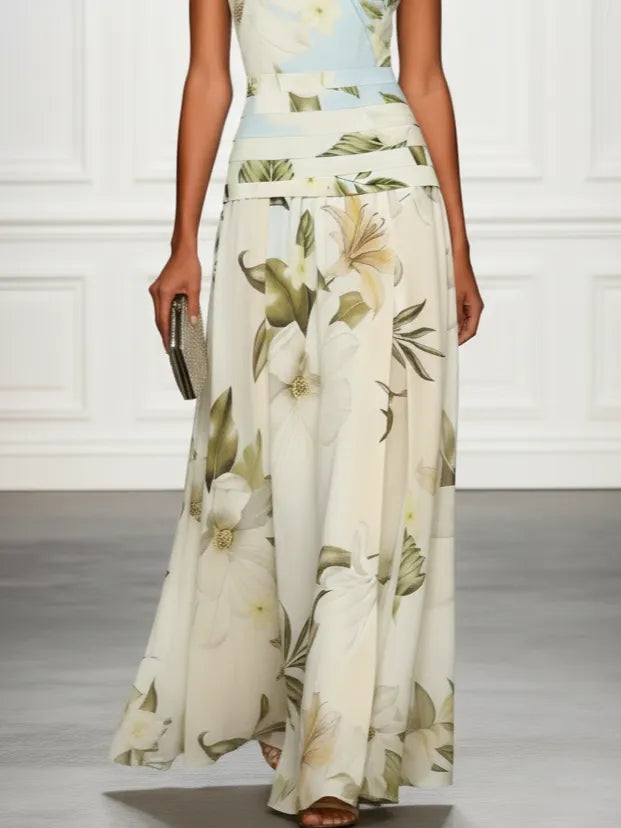 Women's Floral Elegant Maxi Wedding Guest Dress with Ruched Waist