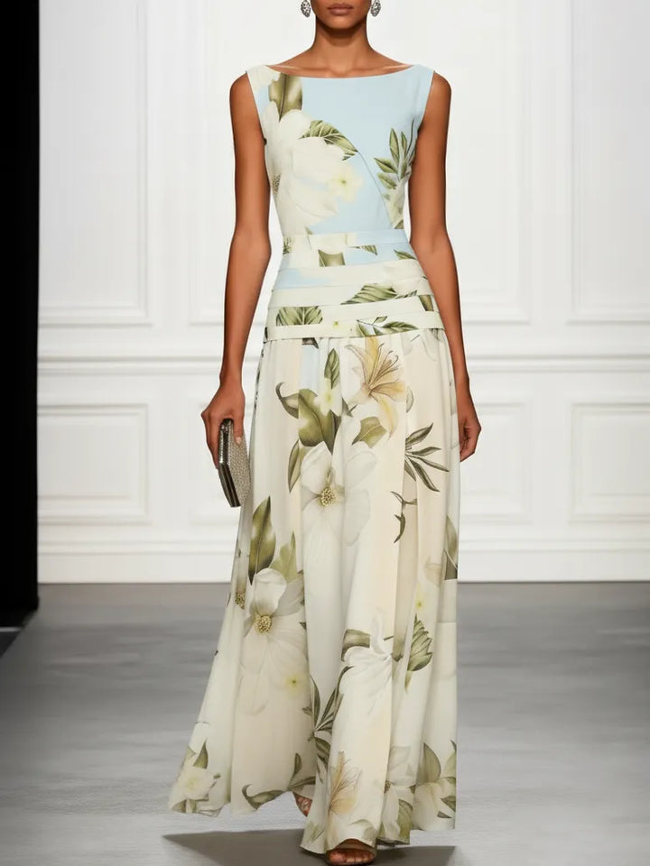 Women's Floral Elegant Maxi Wedding Guest Dress with Ruched Waist