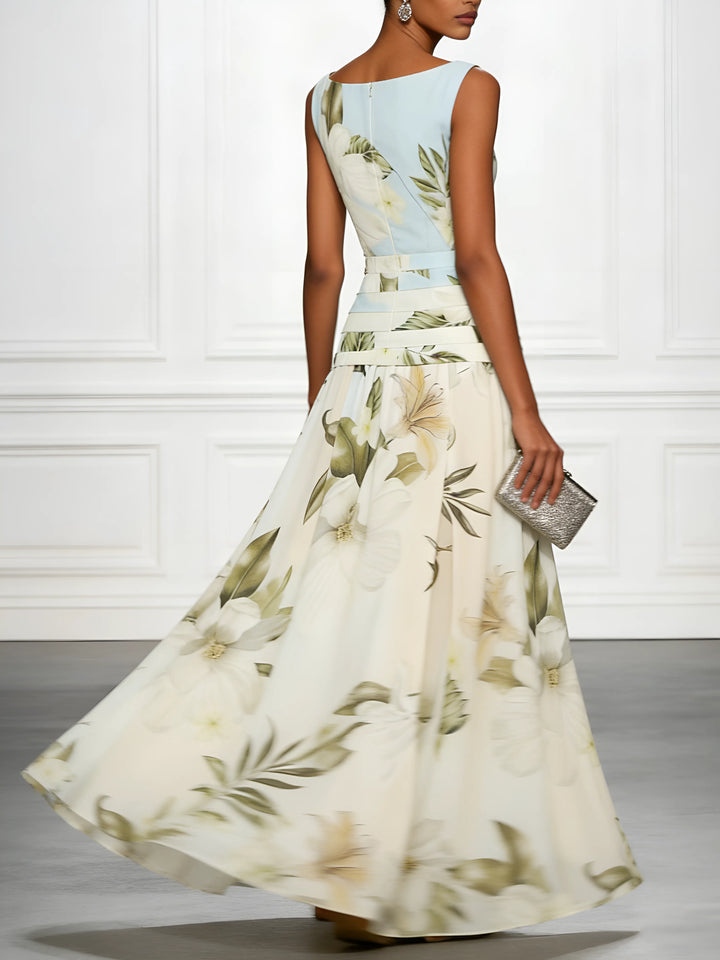 Women's Floral Elegant Maxi Wedding Guest Dress with Ruched Waist