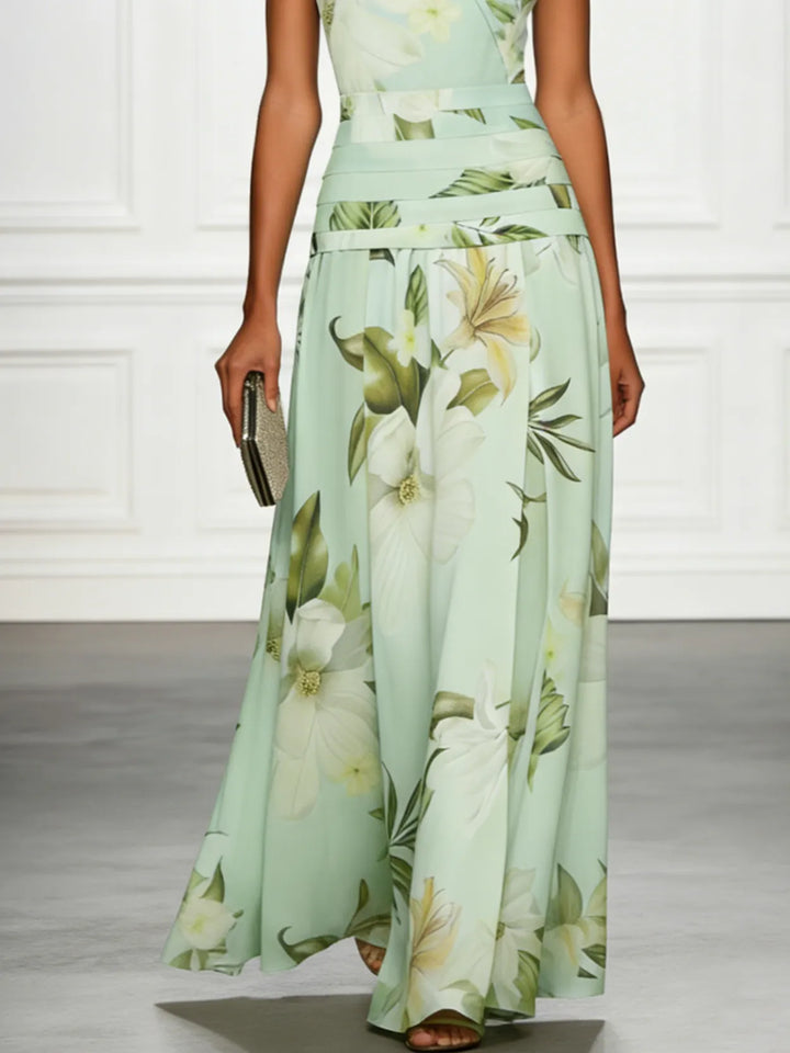 Women's Floral Elegant Maxi Wedding Guest Dress with Ruched Waist