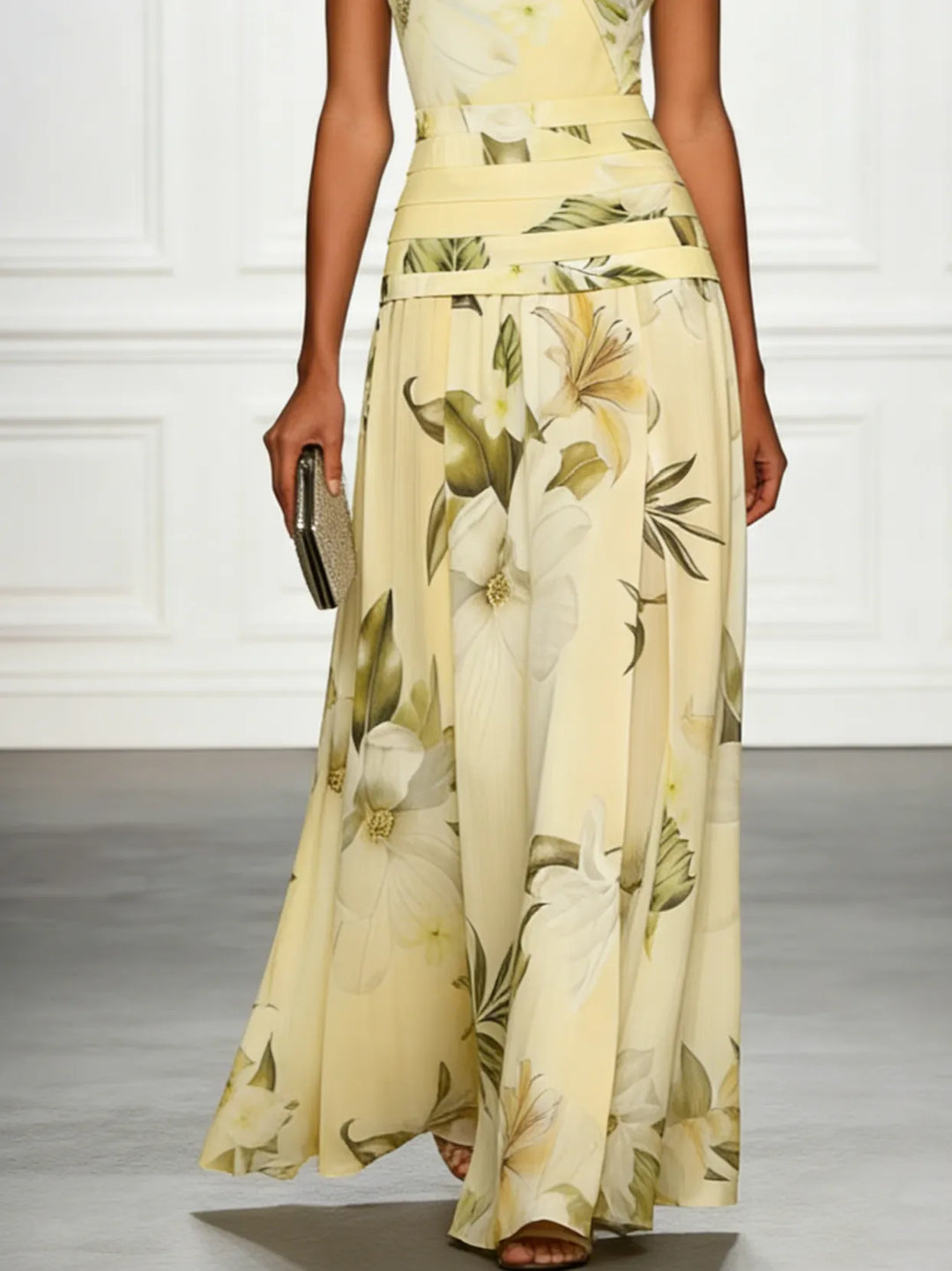 Women's Floral Elegant Maxi Wedding Guest Dress with Ruched Waist