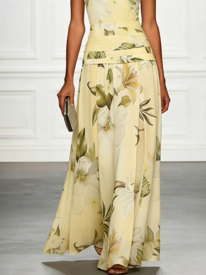 Women's Floral Elegant Maxi Wedding Guest Dress with Ruched Waist