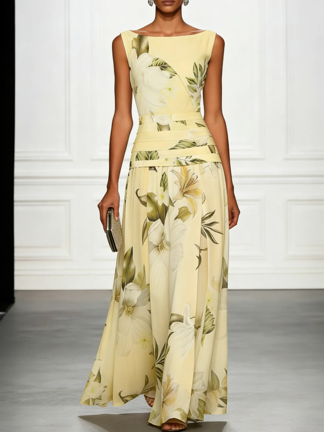 Women's Floral Elegant Maxi Wedding Guest Dress with Ruched Waist