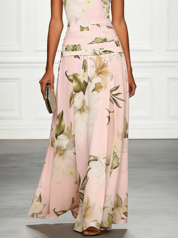 Women's Floral Elegant Maxi Wedding Guest Dress with Ruched Waist