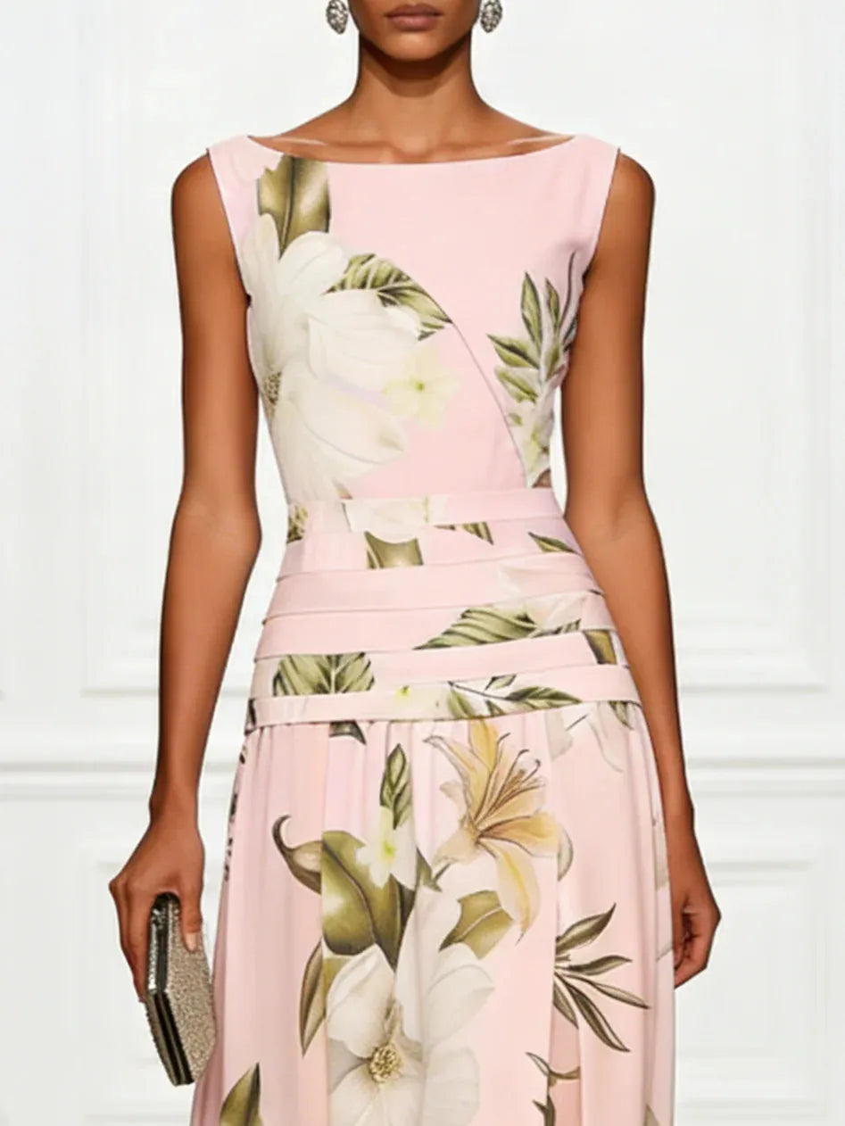 Women's Floral Elegant Maxi Wedding Guest Dress with Ruched Waist