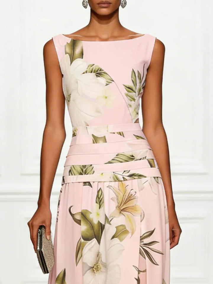Women's Floral Elegant Maxi Wedding Guest Dress with Ruched Waist