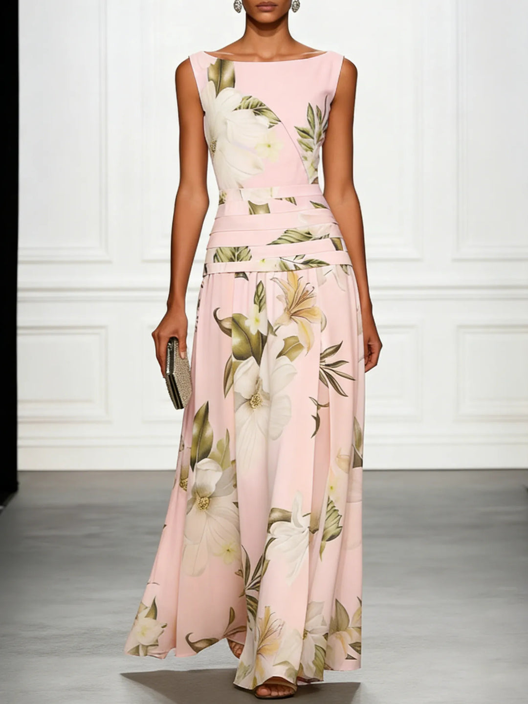 Women's Floral Elegant Maxi Wedding Guest Dress with Ruched Waist