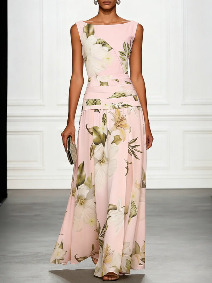 Women's Floral Elegant Maxi Wedding Guest Dress with Ruched Waist