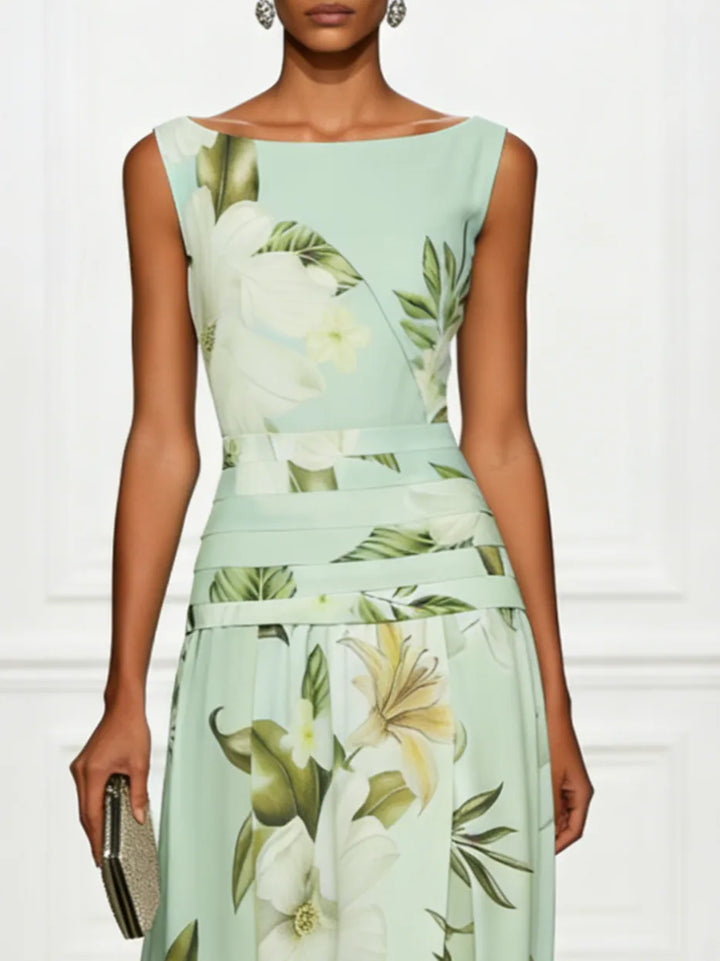 Women's Floral Elegant Maxi Wedding Guest Dress with Ruched Waist