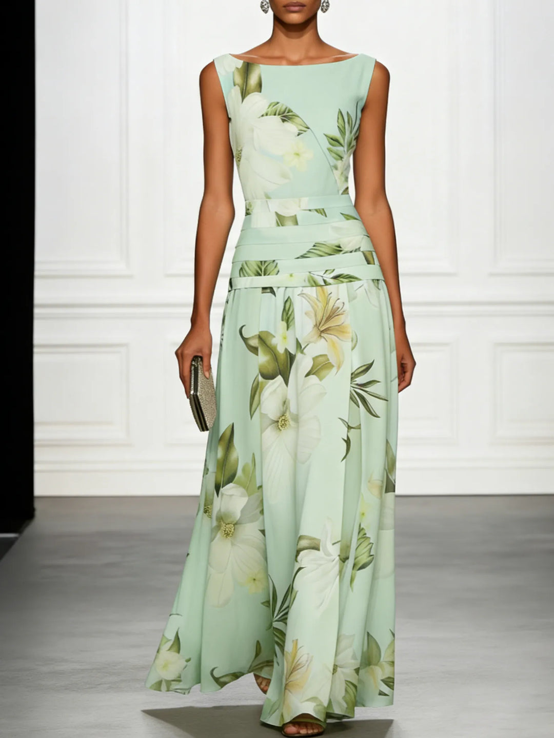Women's Floral Elegant Maxi Wedding Guest Dress with Ruched Waist