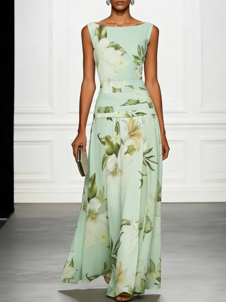 Women's Floral Elegant Maxi Wedding Guest Dress with Ruched Waist