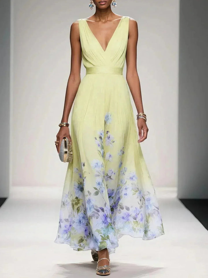 Women's Floral Elegant Maxi Wedding Guest Dress with V-Neck