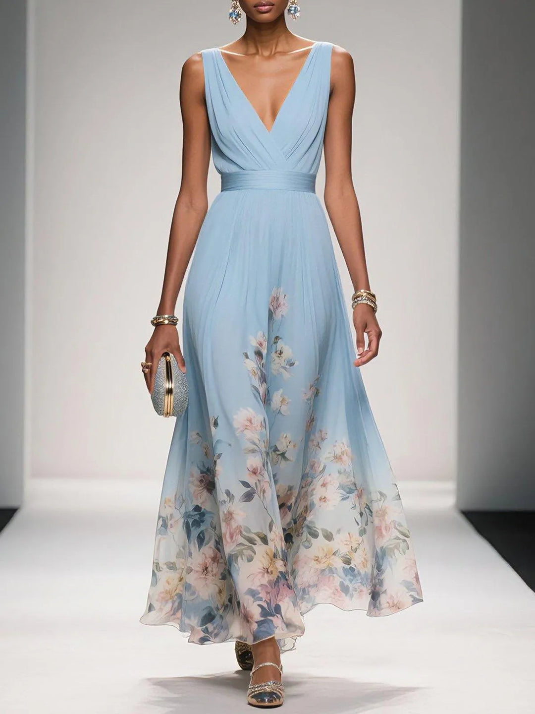 Women's Floral Elegant Maxi Wedding Guest Dress with V-Neck