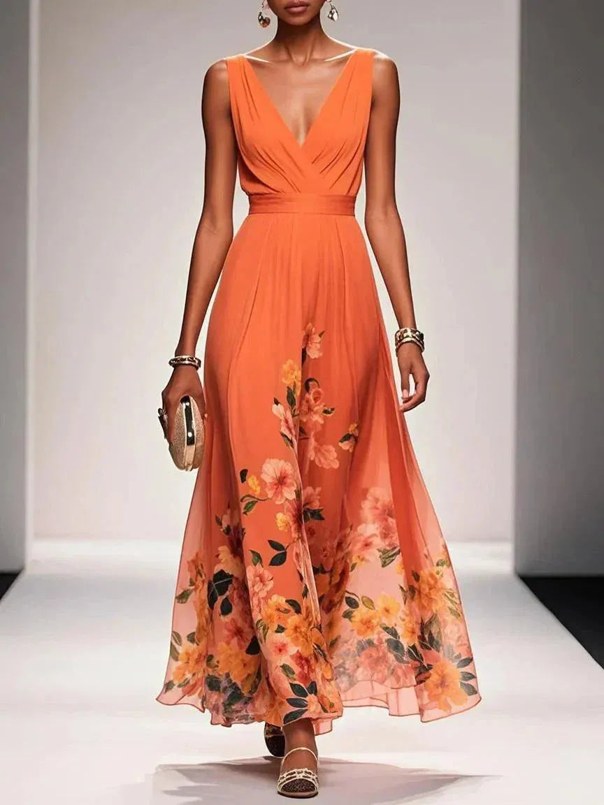 Women's Floral Elegant Maxi Wedding Guest Dress with V-Neck