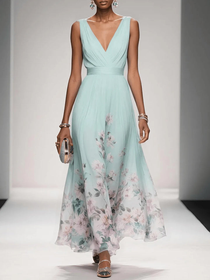 Women's Floral Elegant Maxi Wedding Guest Dress with V-Neck