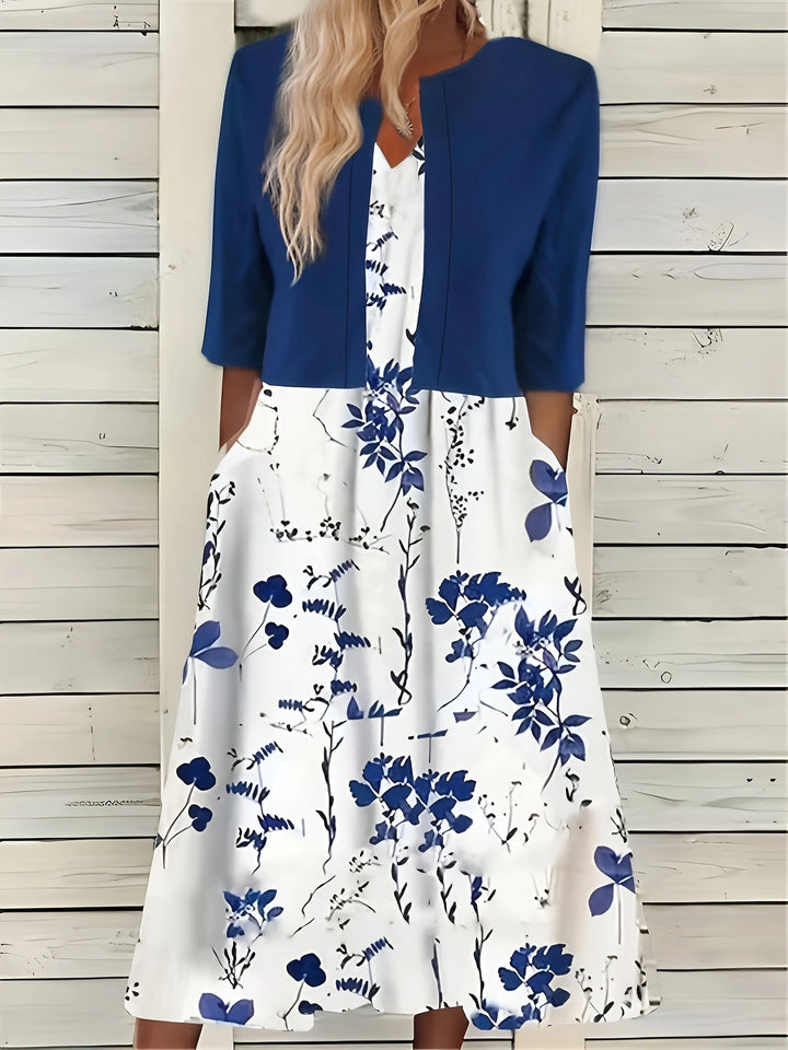 Women's Floral Elegant Midi Wedding Guest Dress with Matching Cardigan
