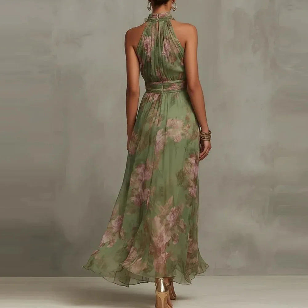 Women's Floral Flowy Maxi Wedding Guest Dress with High Neck
