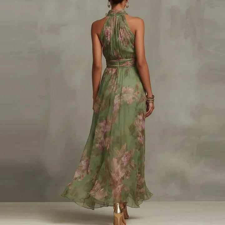 Women's Floral Flowy Maxi Wedding Guest Dress with High Neck