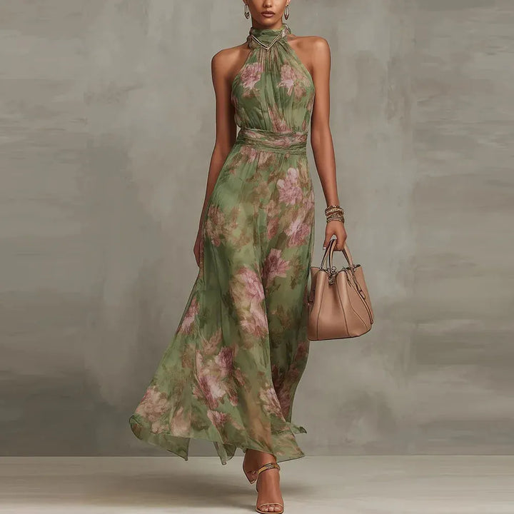 Women's Floral Flowy Maxi Wedding Guest Dress with High Neck