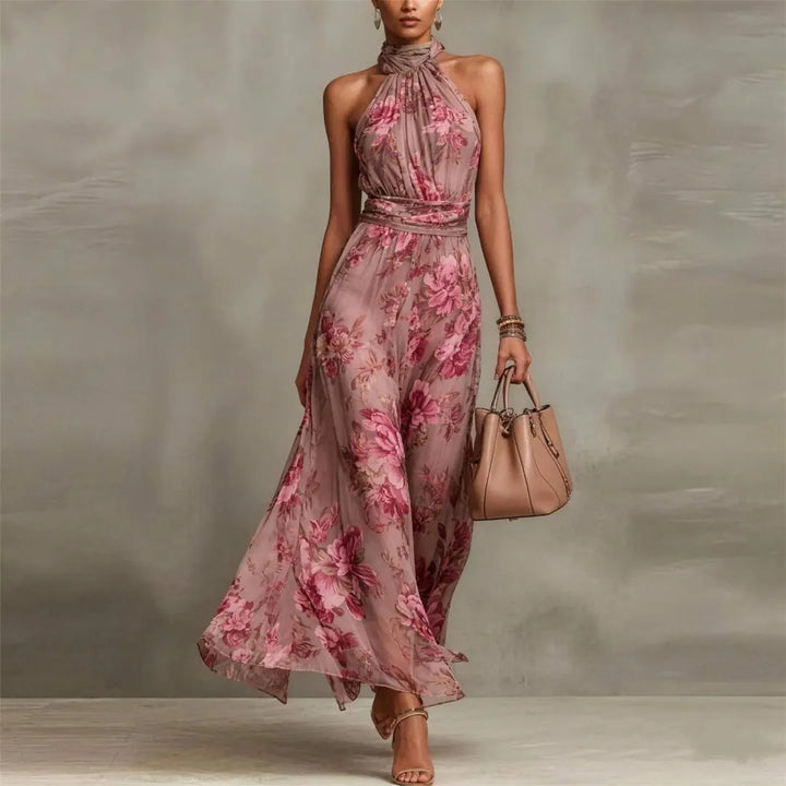 Women's Floral Flowy Maxi Wedding Guest Dress with High Neck
