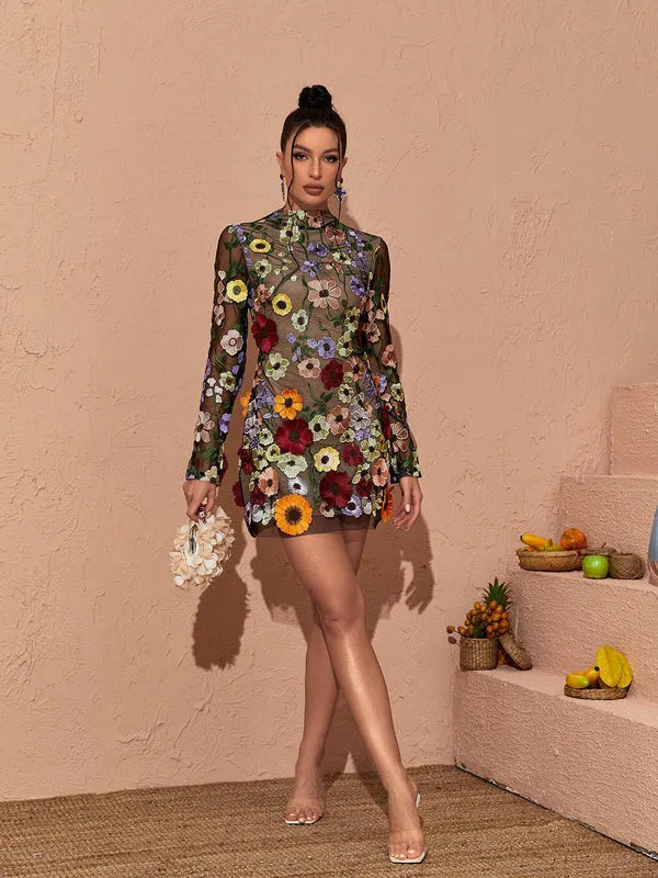 Women's Floral Long Sleeve Mini Cocktail Dress with Open Back