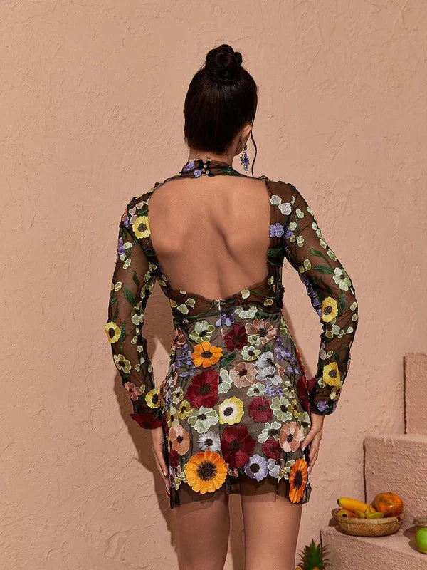 Women's Floral Long Sleeve Mini Cocktail Dress with Open Back