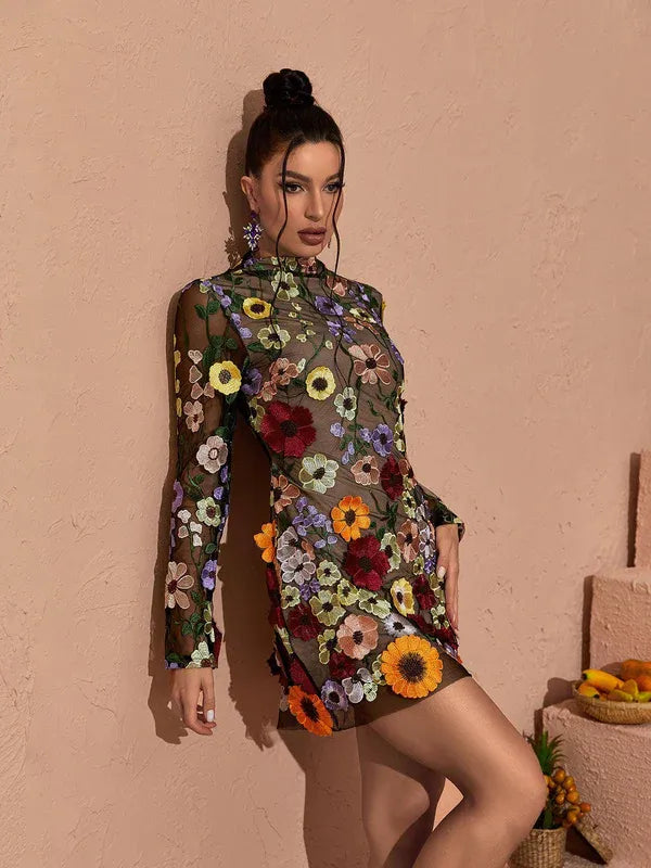 Women's Floral Long Sleeve Mini Cocktail Dress with Open Back