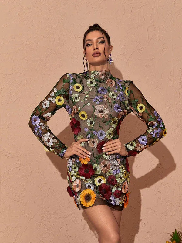 Women's Floral Long Sleeve Mini Cocktail Dress with Open Back