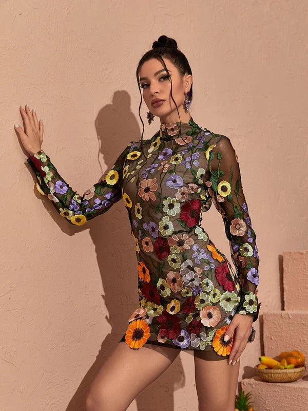 Women's Floral Long Sleeve Mini Cocktail Dress with Open Back