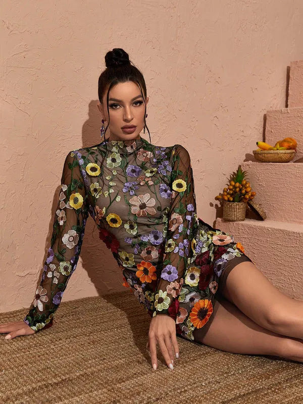 Women's Floral Long Sleeve Mini Cocktail Dress with Open Back