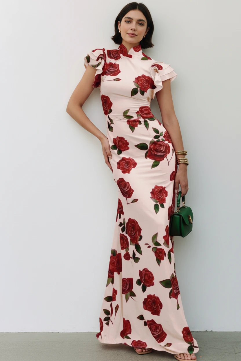 Women's Floral Maxi Summer Dress with High Neck