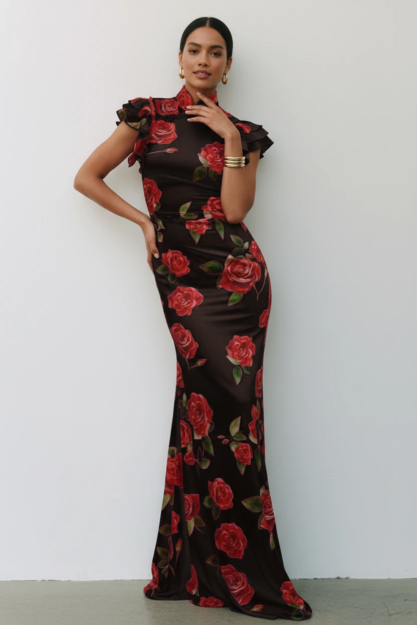 Women's Floral Maxi Summer Dress with High Neck