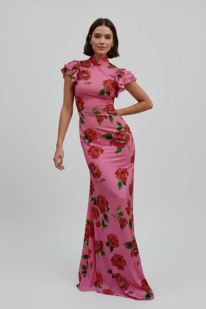 Women's Floral Maxi Summer Dress with High Neck