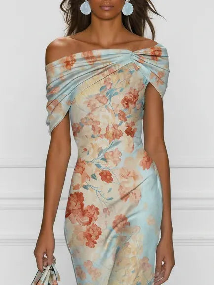 Women's Floral Maxi Wedding Guest Dress with Off-Shoulder Neckline