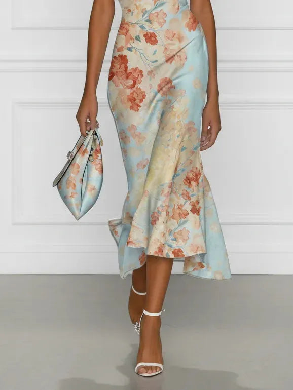 Women's Floral Maxi Wedding Guest Dress with Off-Shoulder Neckline