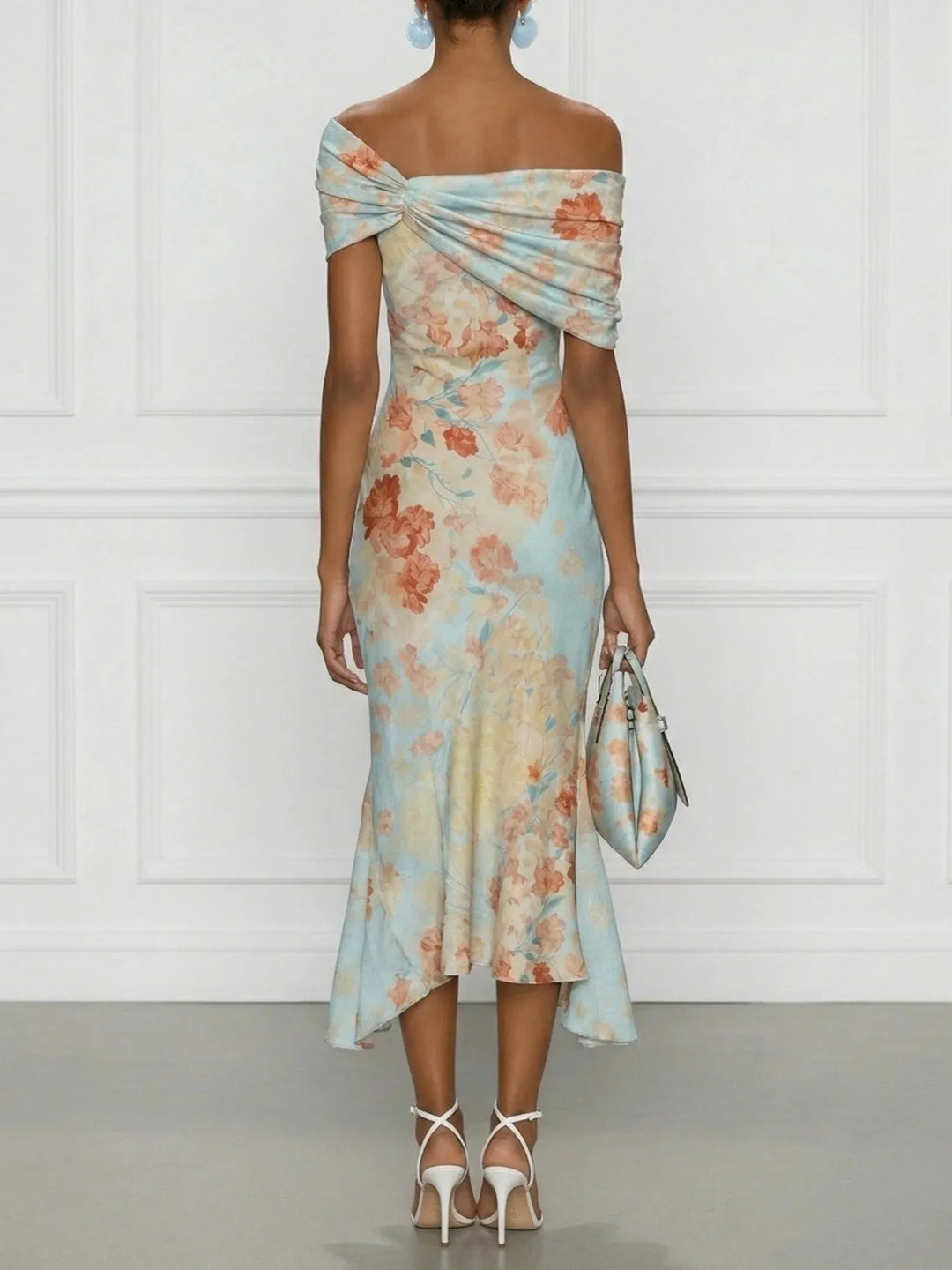 Women's Floral Maxi Wedding Guest Dress with Off-Shoulder Neckline
