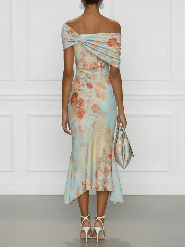 Women's Floral Maxi Wedding Guest Dress with Off-Shoulder Neckline