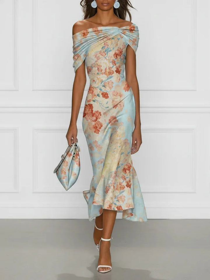 Women's Floral Maxi Wedding Guest Dress with Off-Shoulder Neckline