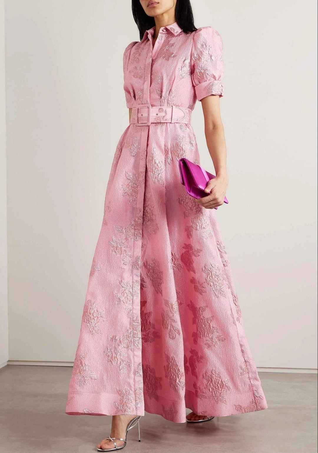 Women's Floral Maxi Wedding Guest Dress with Puff Sleeve