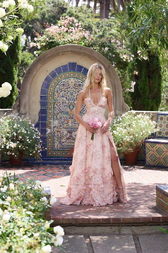 Women's Floral Maxi Wedding Guest Dress with V-Neck