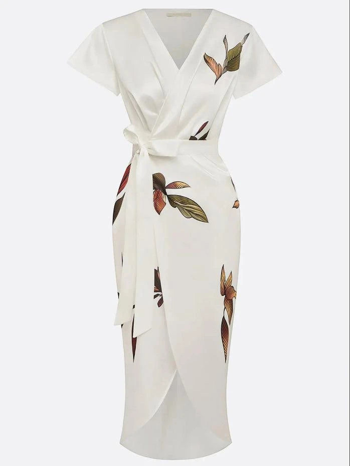 Women's Floral Midi Wedding Guest Dress with Ties