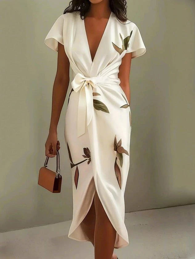 Women's Floral Midi Wedding Guest Dress with Ties